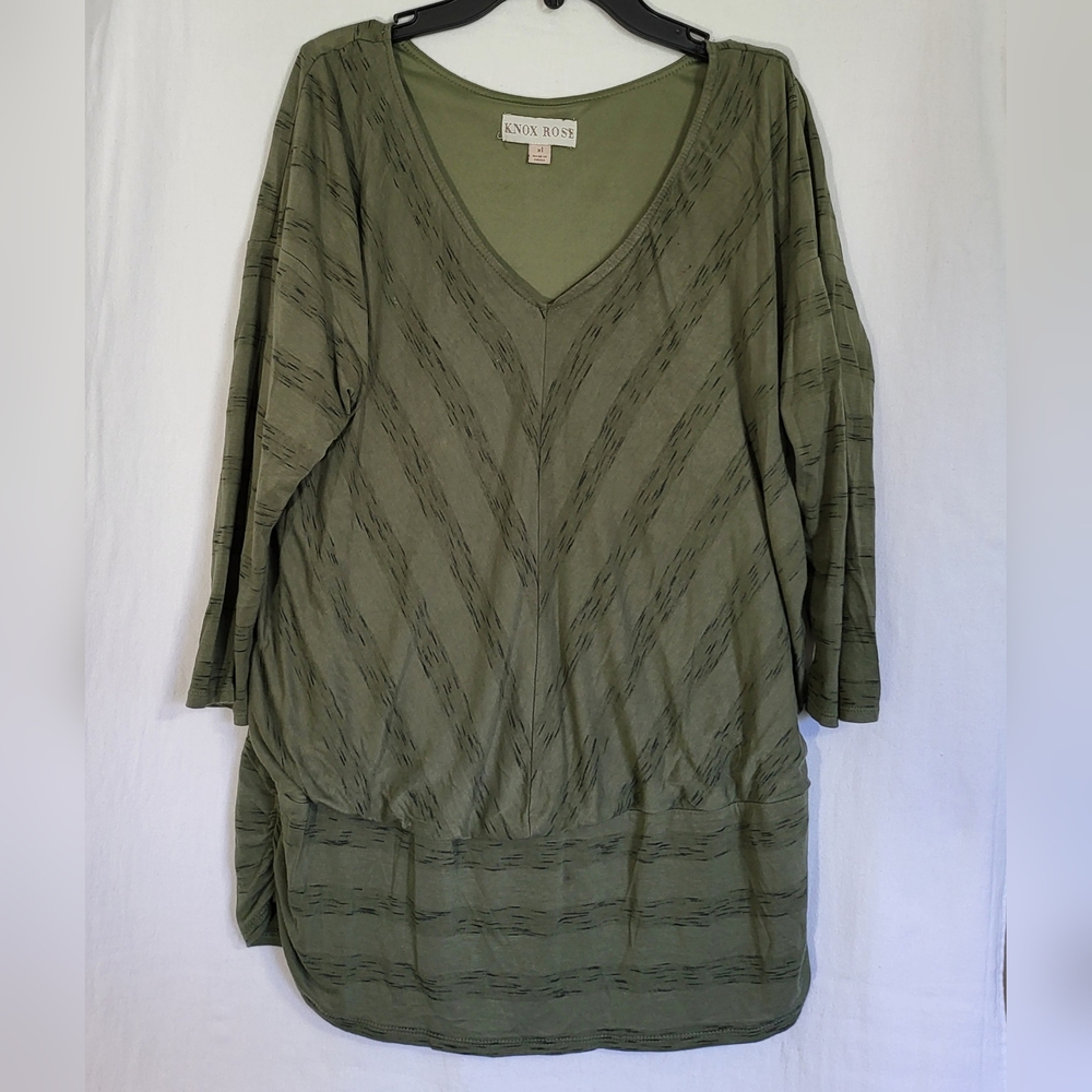 Knox Rose Olive Green Black Chevron 3/4 Sleeve V-neck Blouse XL